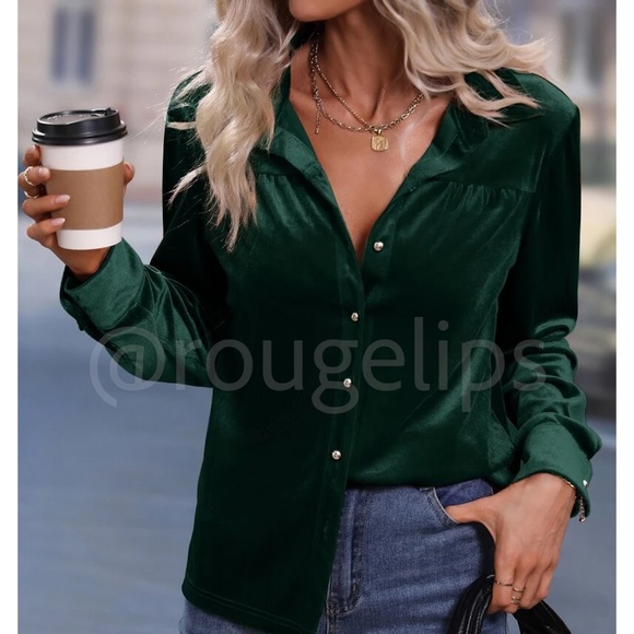 Rouge! Tops - Velvet Green Casual Button Up / Down Shirt Collar, V-Neck